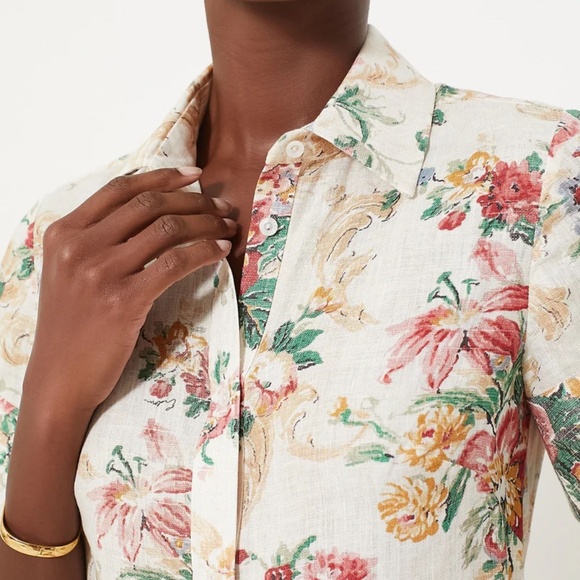 $1645 Erdem Ecru Multi Flared Cuff Fit & Flare Floral Linen Shirt Dress Size 12 - Picture 4 of 11